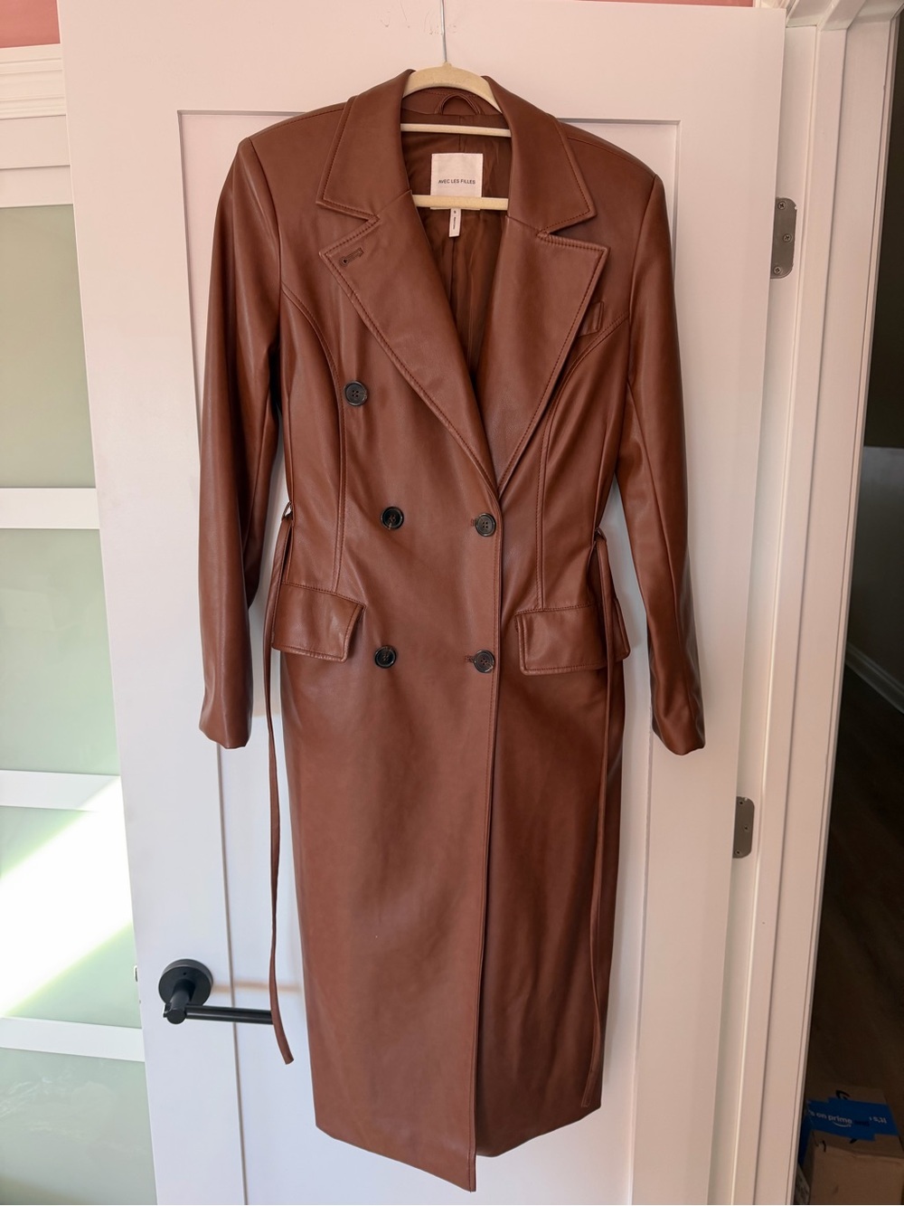 Avec Les Filles Brown Faux Leather Double-Breasted Trench Coat